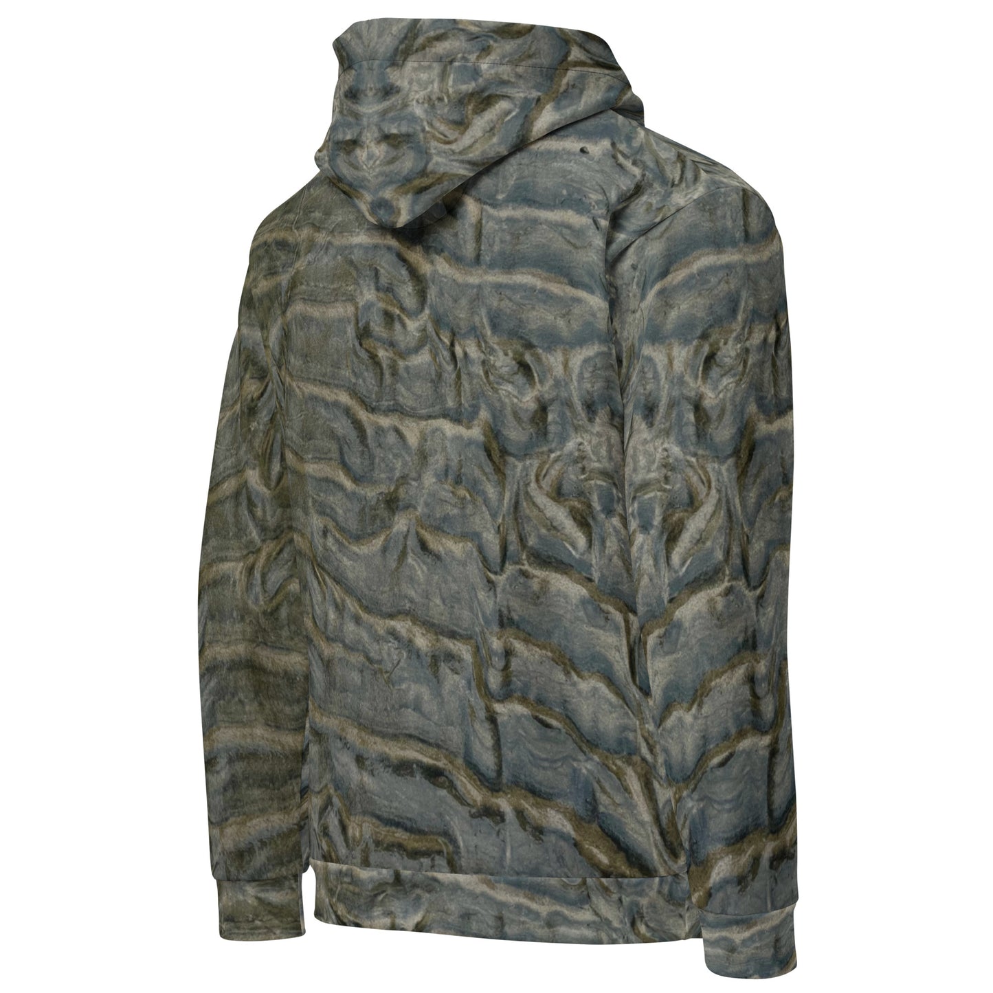 EASTERLY Low Tide AOP recycled unisex hoodie — all over print of tidal sand patterns shaped by ocean, wind and sun, Rakiura New Zealand