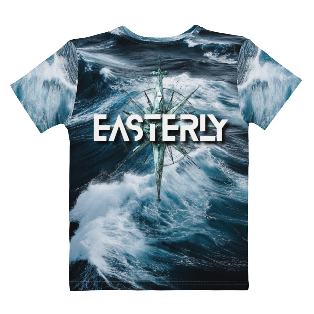 Roaring Forties Women's Cotton Crew Neck — back view. Full bleed ocean print. EASTERLY, Rakiura. New Zealand.