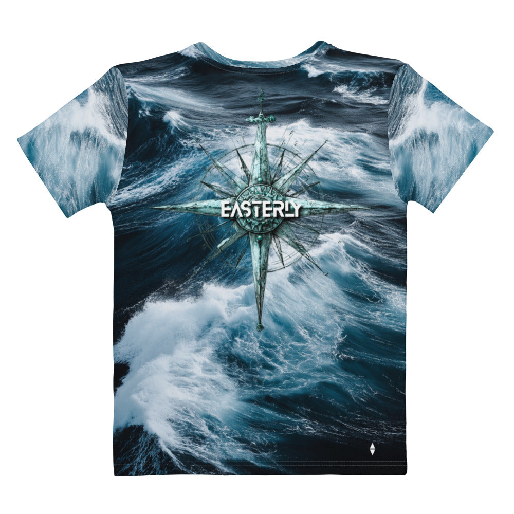 Back of EASTERLY Roaring Forties women’s T-shirt with an all-over ocean-wave print and large compass design with EASTERLY lettering.