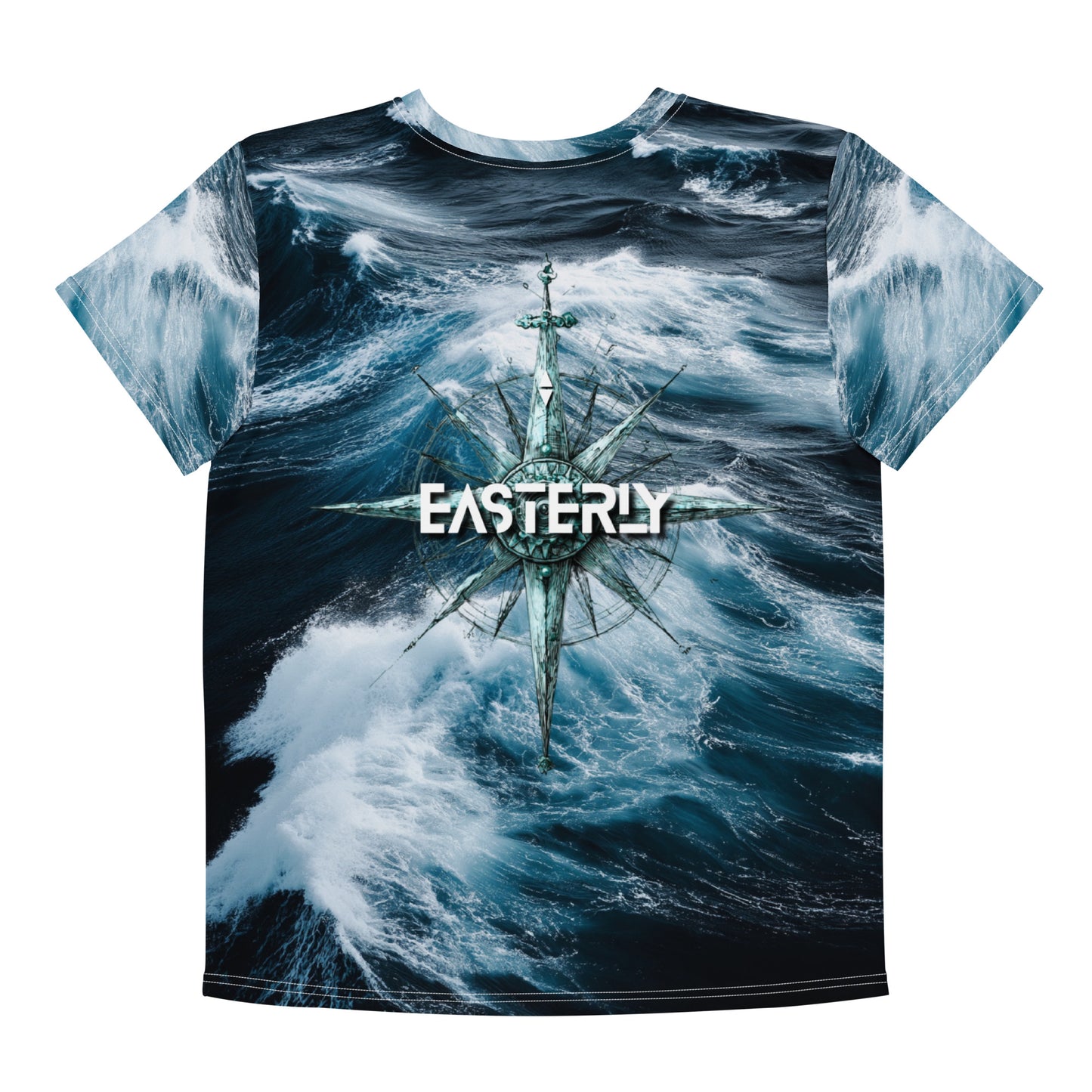 Roaring Forties Youth Cotton Crew Neck — back view. All-over Southern Ocean wave print. EASTERLY, Rakiura.