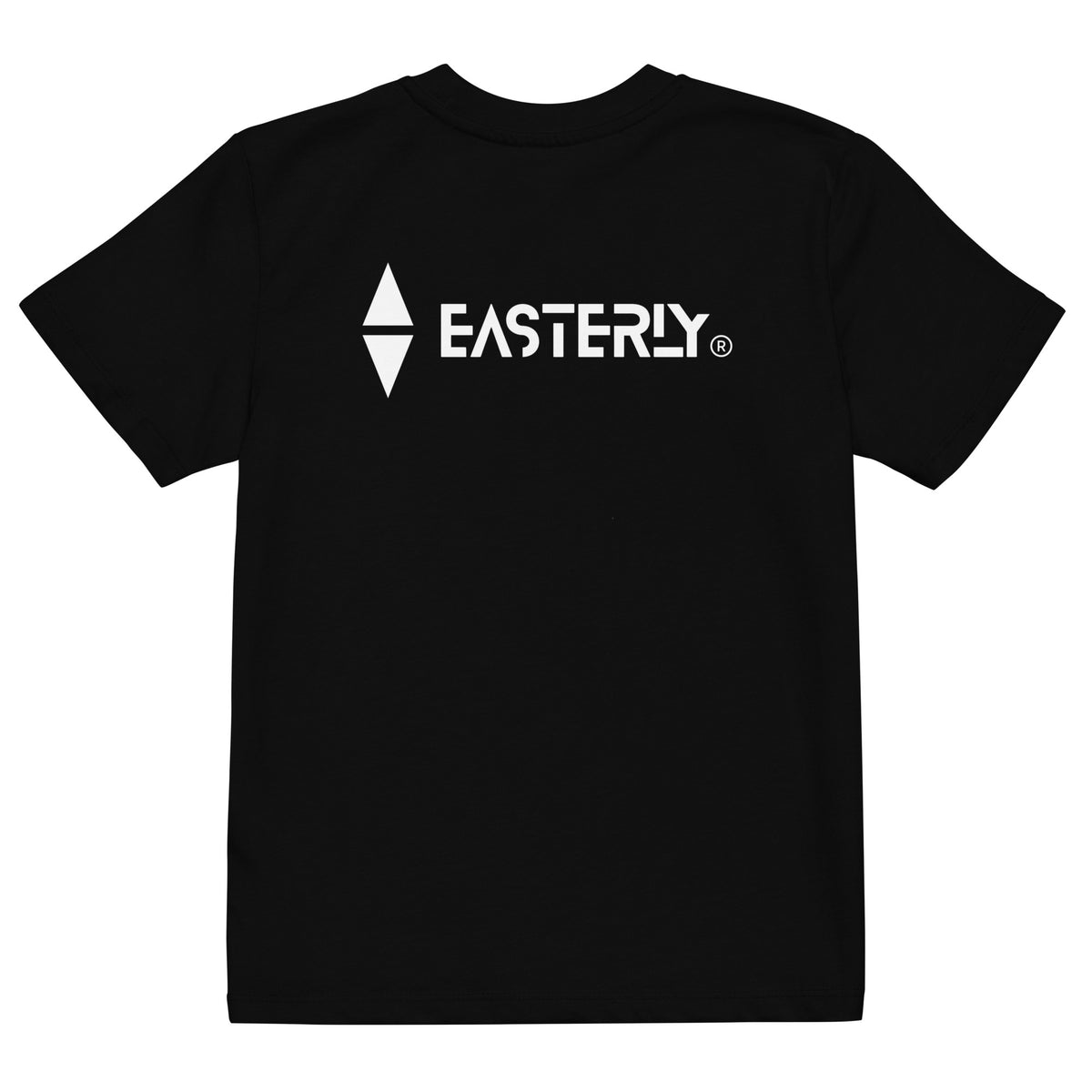 A black organic cotton t-shirt with a large white EASTERLY logo and east compass marker printed across the upper back.