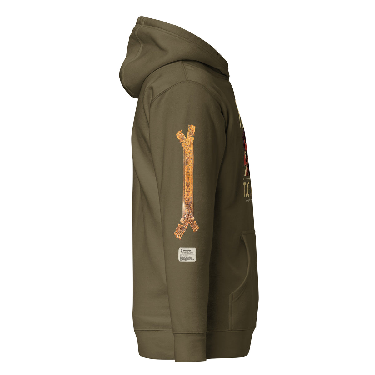 everybody loves FRIDAY hoodie in military green — left sleeve detail showing Friday's leather guitar strap design. EASTERLY.