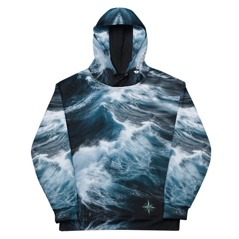 Roaring Forties Recycled Unisex Hoodie. EASTERLY compass rose print on Southern Ocean waves. EASTERLY, Rakiura. Stewart Island.