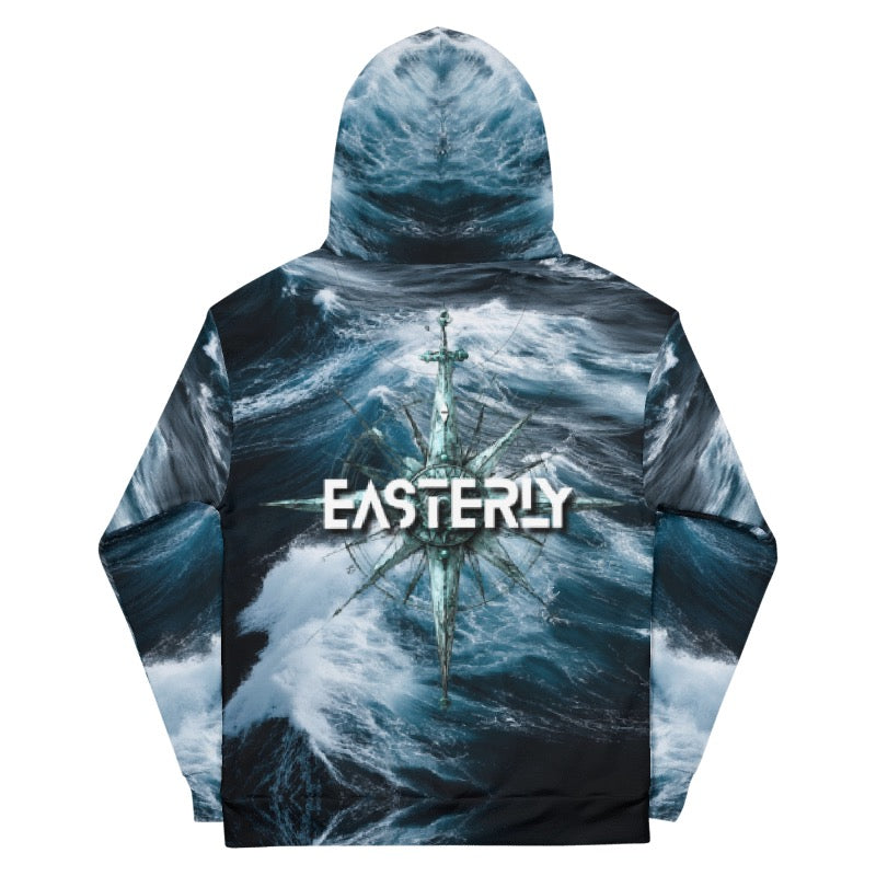 Roaring Forties Recycled Unisex Hoodie. EASTERLY compass rose print on Southern Ocean waves. EASTERLY, Rakiura. Stewart Island.