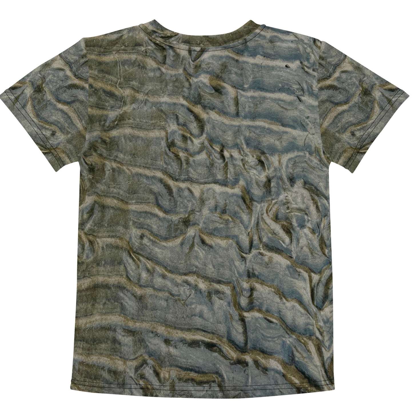 Low Tide — Kids All Over Print Cotton Tee. Full all-over print of sculpted tidal sand texture in grey-green. Made to order. EASTERLY, New Zealand.