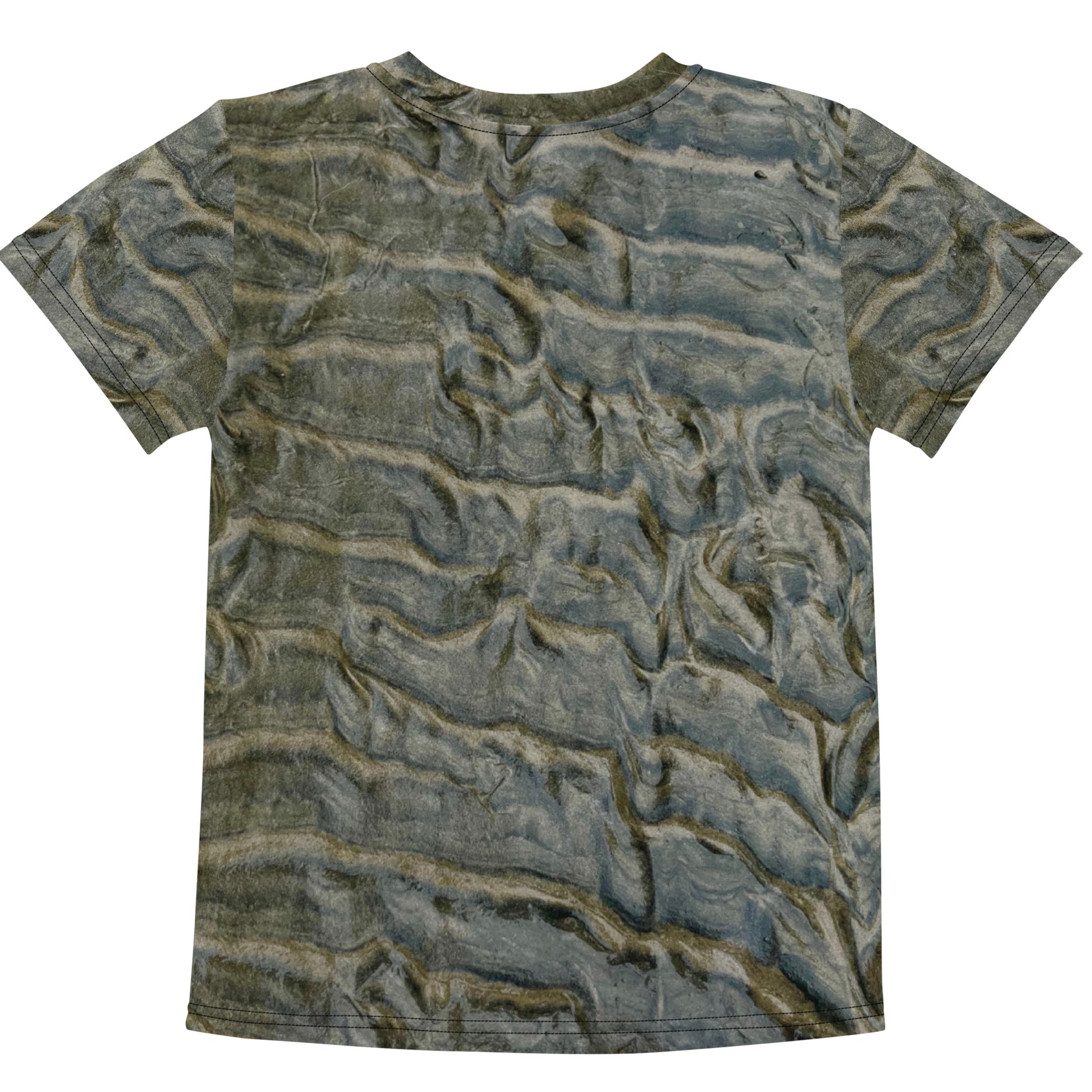 Low Tide — Kids All Over Print Cotton Tee. Full all-over print of sculpted tidal sand texture in grey-green. Made to order. EASTERLY, New Zealand.