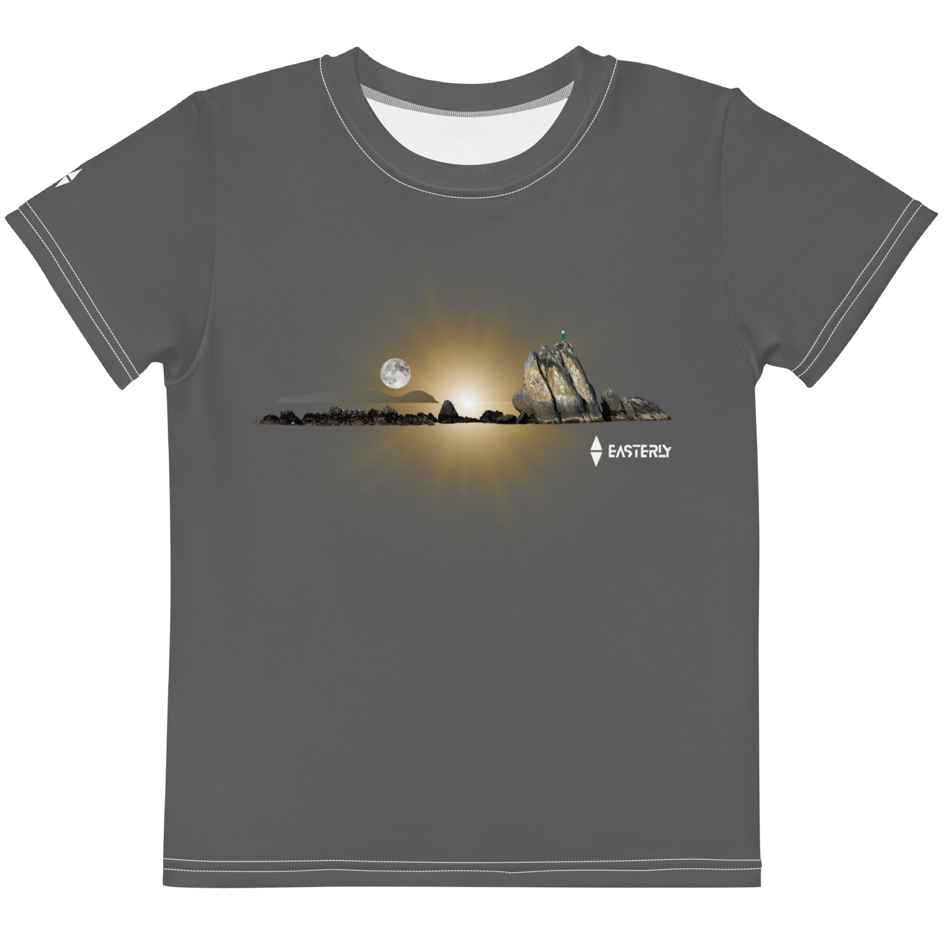 Rise — Kids' Cotton Crew Neck T-Shirt, Front View, White. Stewart Island New Zealand | EASTERLY"