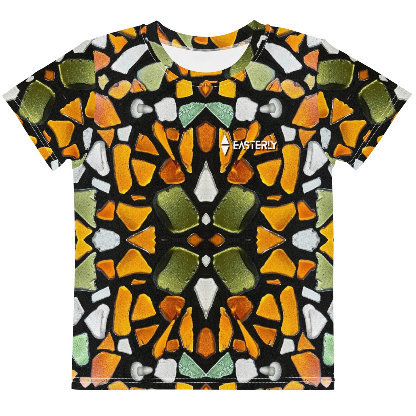 Sea Glass Kids' Tee — front view, all-over print in sea glass tones. Rakiura Art Gallery , Stewart Island, New Zealand.