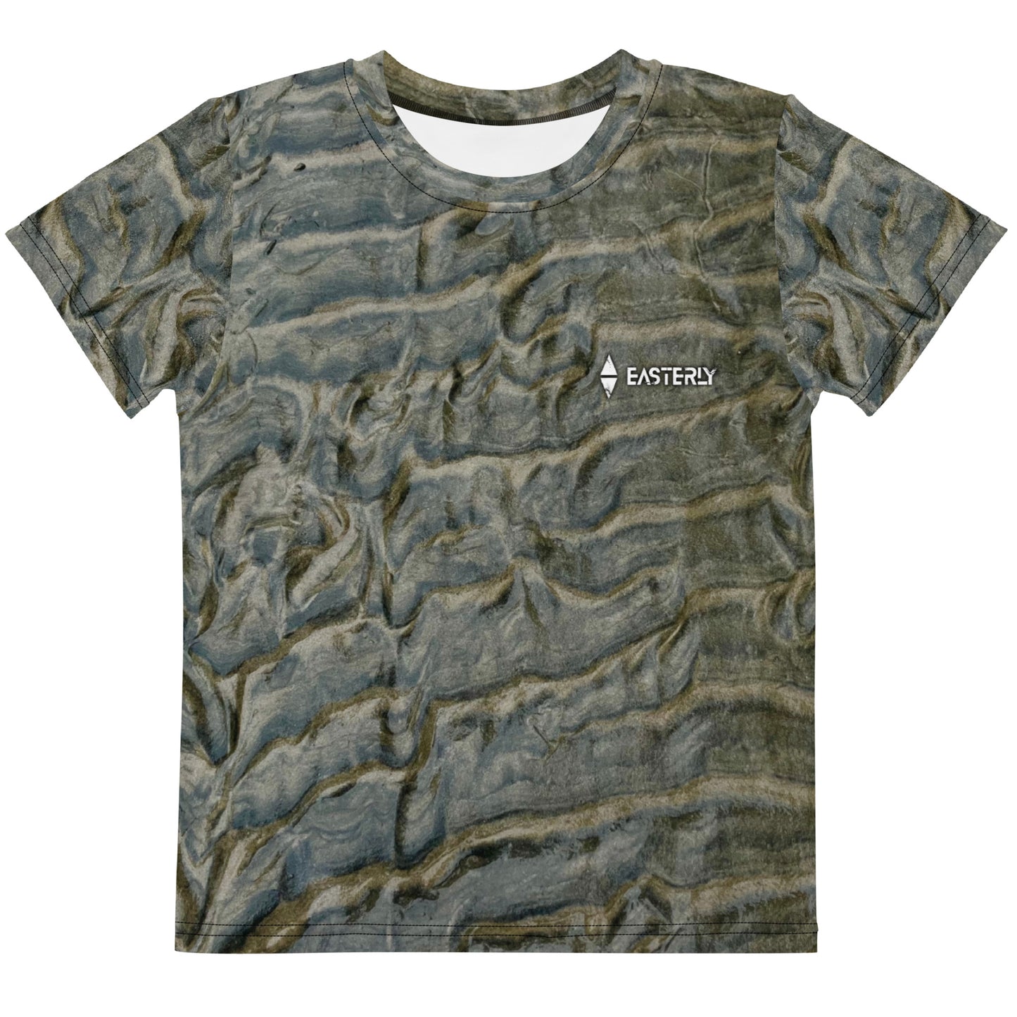 Low Tide — Kids All Over Print Cotton Tee. Full all-over print of sculpted tidal sand texture in grey-green. Made to order. EASTERLY, New Zealand.