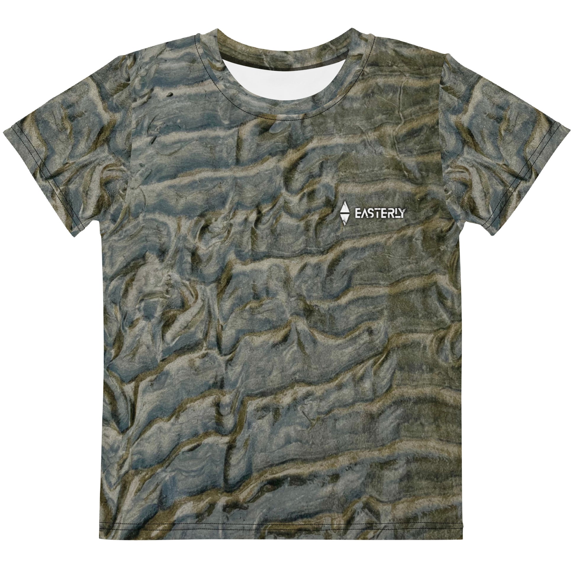 Low Tide — Kids All Over Print Cotton Tee. Full all-over print of sculpted tidal sand texture in grey-green. Made to order. EASTERLY, New Zealand.