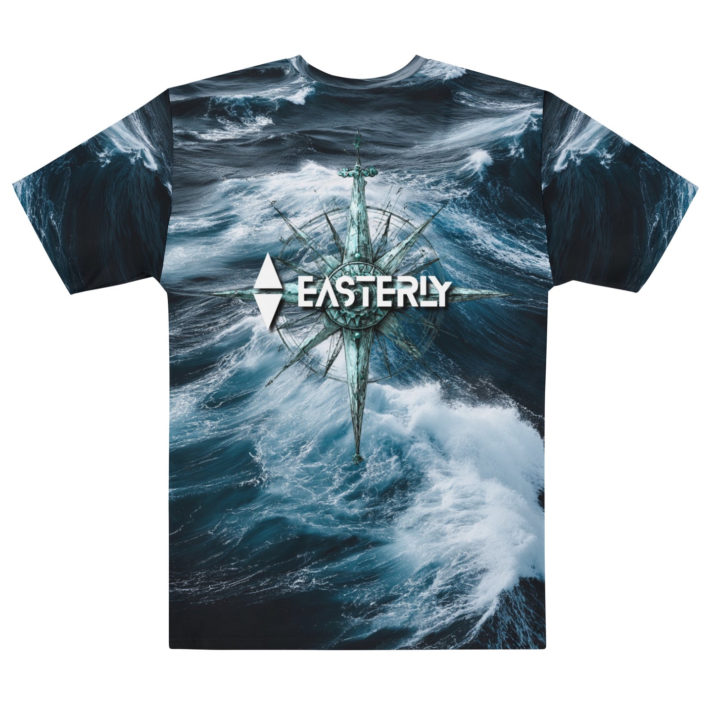 Roaring Forties Men's All Over Print Cotton Tee — back view, EASTERLY compass rose rising from wild ocean swells, all over print design