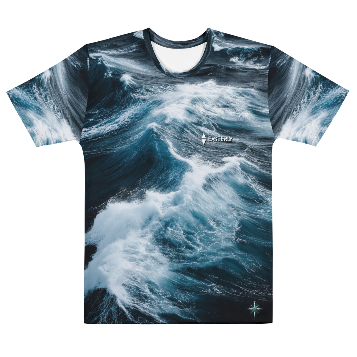 Roaring Forties Men's All Over Print Cotton Tee — front view, stormy Southern Ocean wave design with EASTERLY logo, white crew neck tee