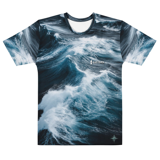 Roaring Forties Men's All Over Print Cotton Tee — front view, stormy Southern Ocean wave design with EASTERLY logo, white crew neck tee