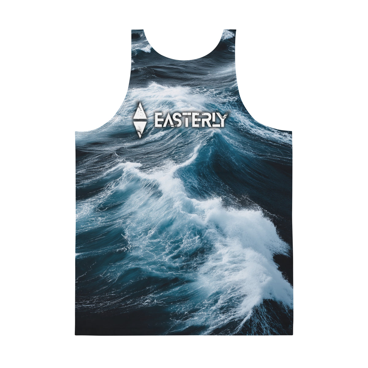 Back of EASTERLY Roaring Forties tank top with an all-over ocean-wave print and large white EASTERLY logo across the upper back.