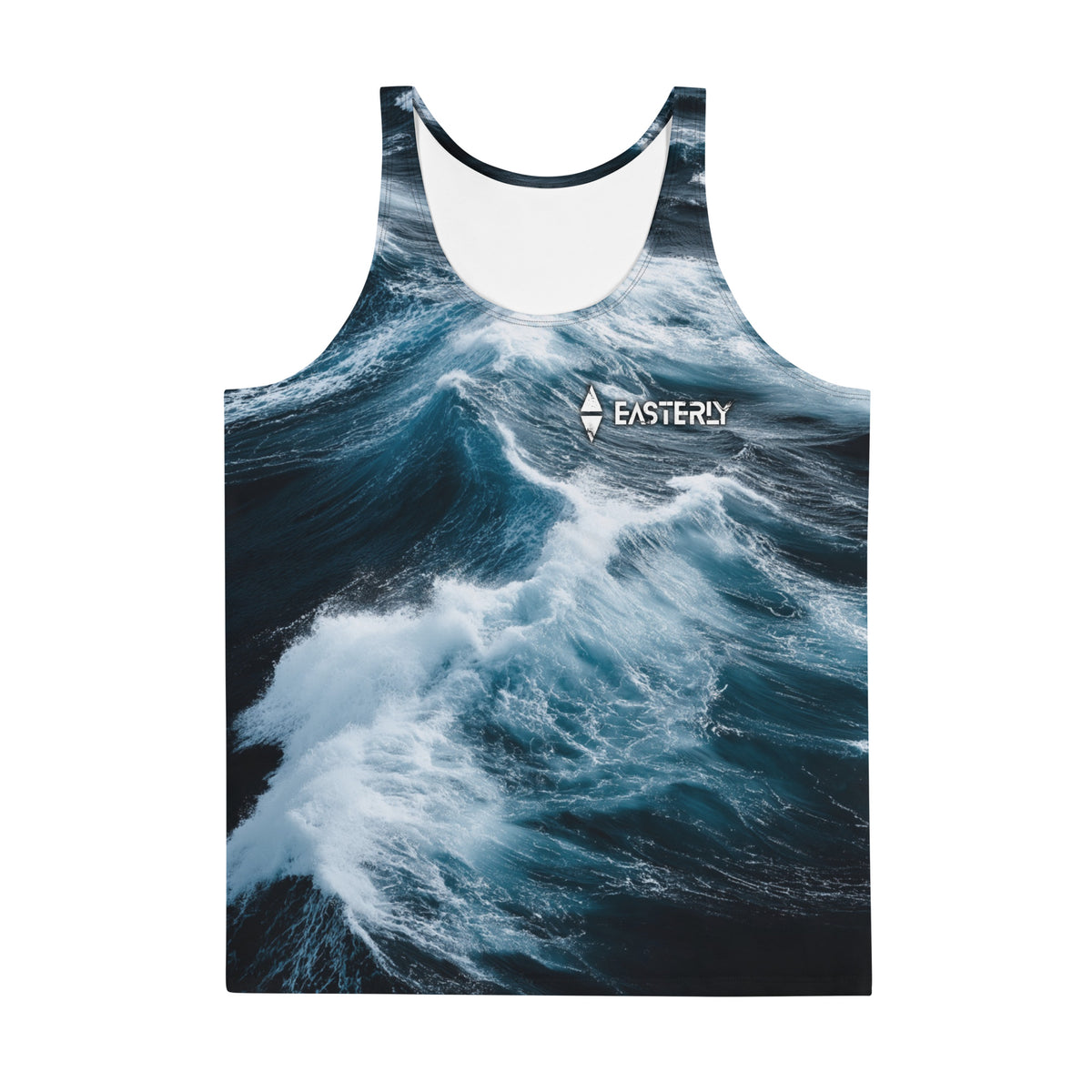 EASTERLY Roaring Forties tank top with an all-over dark blue ocean-wave print and small white chest logo.