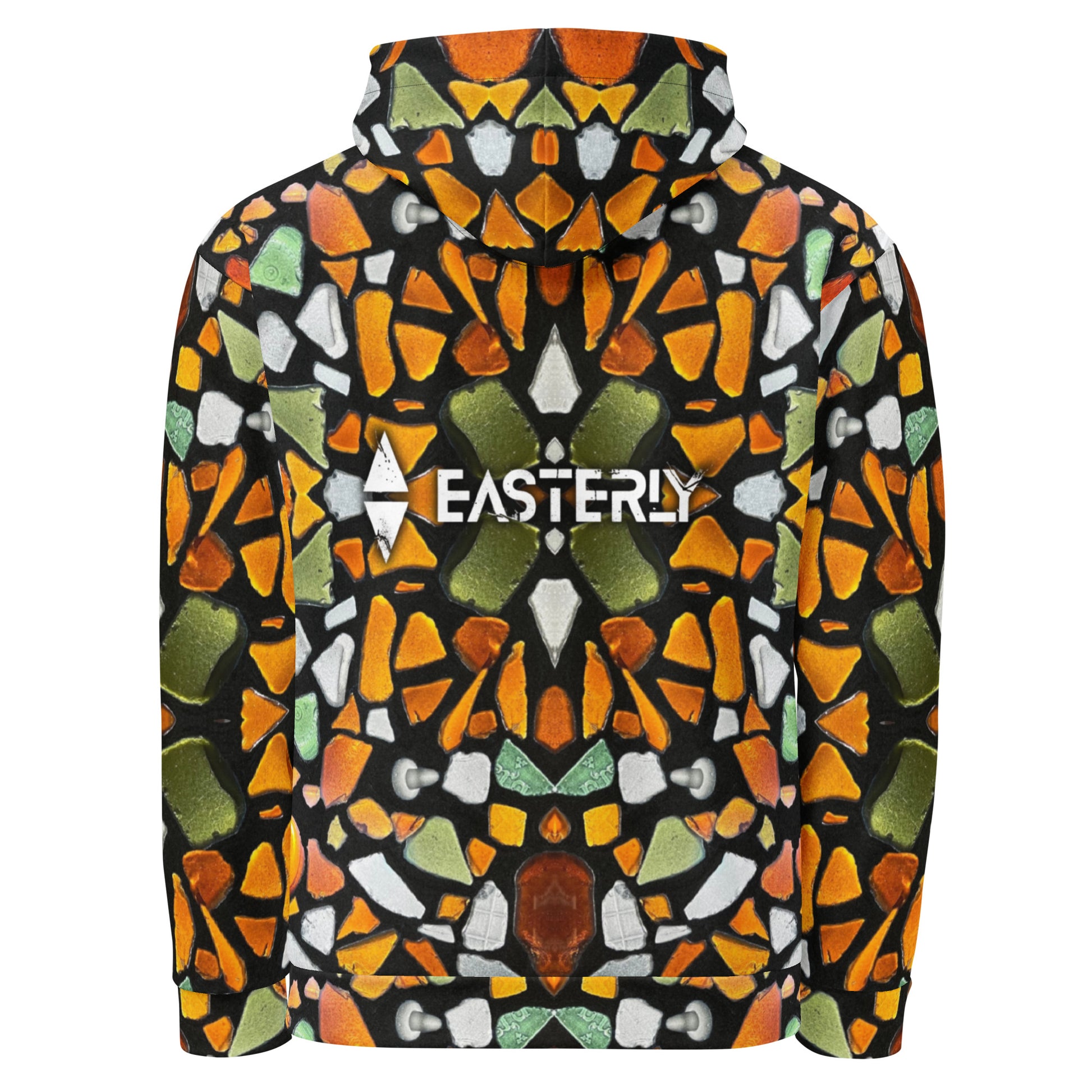Sea Glass Hood — EASTERLY. All-over print recycled unisex hoodie. Sea glass tones over ancient iron sand, art work provided by Rakiura Art Gallery. Back view.