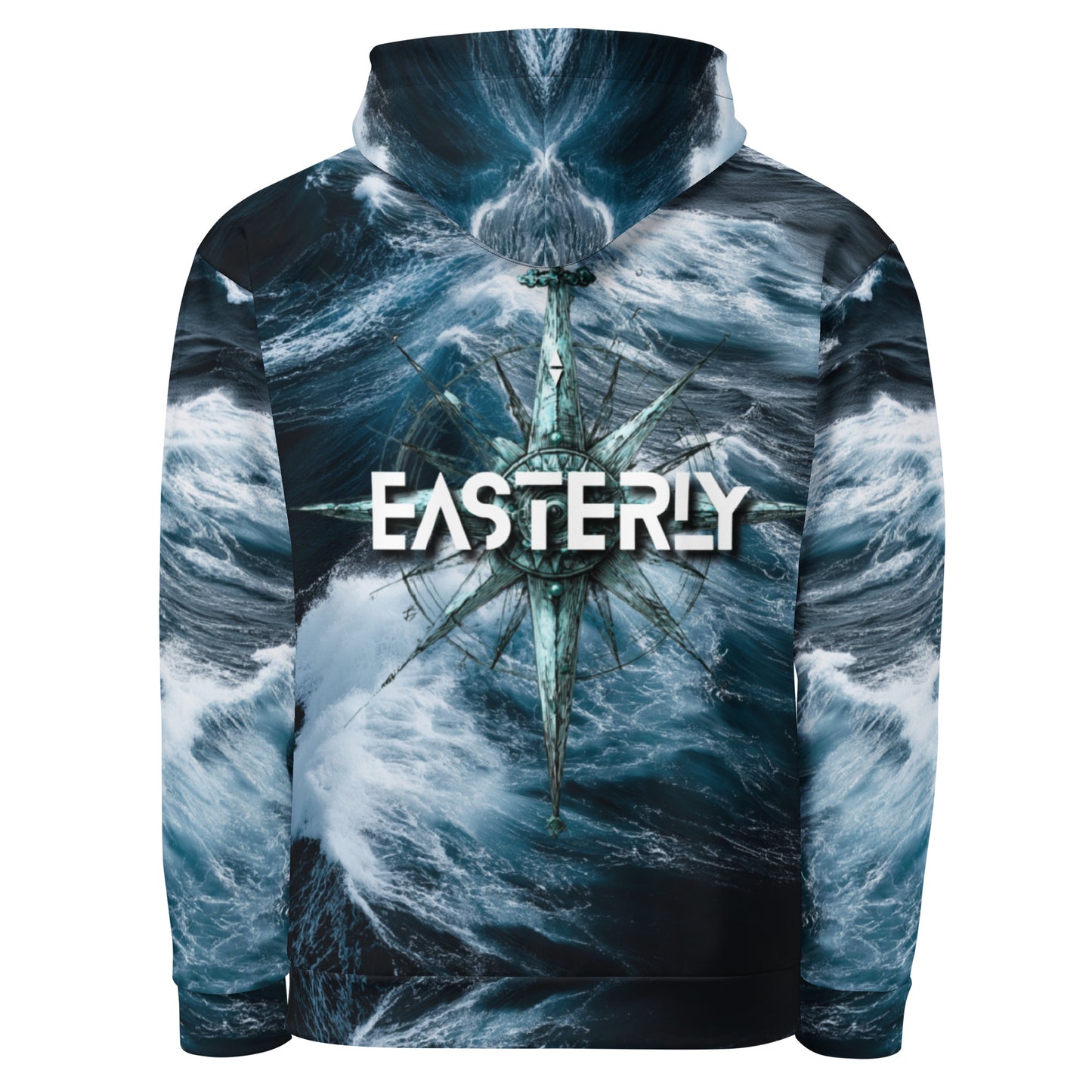 Roaring Forties Recycled Unisex Hoodie. EASTERLY compass rose print on Southern Ocean waves. EASTERLY, Rakiura. Stewart Island.