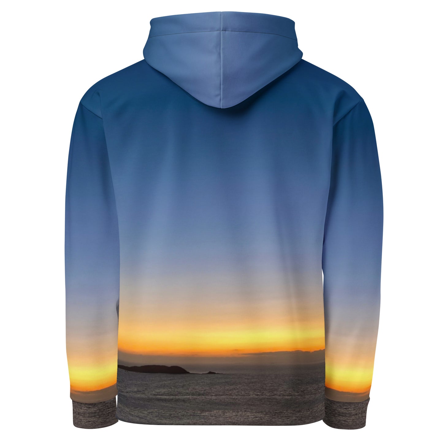EASTERLY Bunkers AOP Hoodie back view — full wrap Rakiura sunrise print from hood to hem, all over print recycled unisex hoodie made to order. Stewart Island, New Zealand