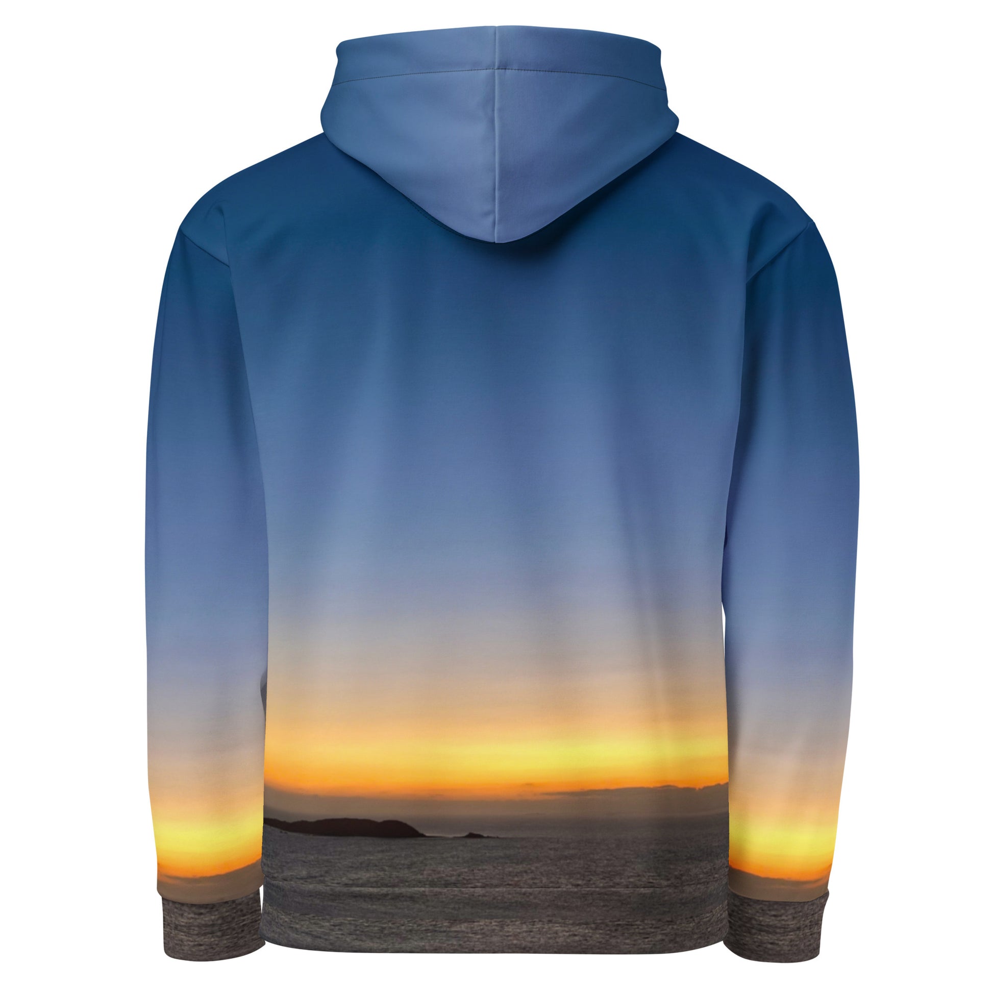 EASTERLY Bunkers AOP Hoodie back view — full wrap Rakiura sunrise print from hood to hem, all over print recycled unisex hoodie made to order. Stewart Island, New Zealand