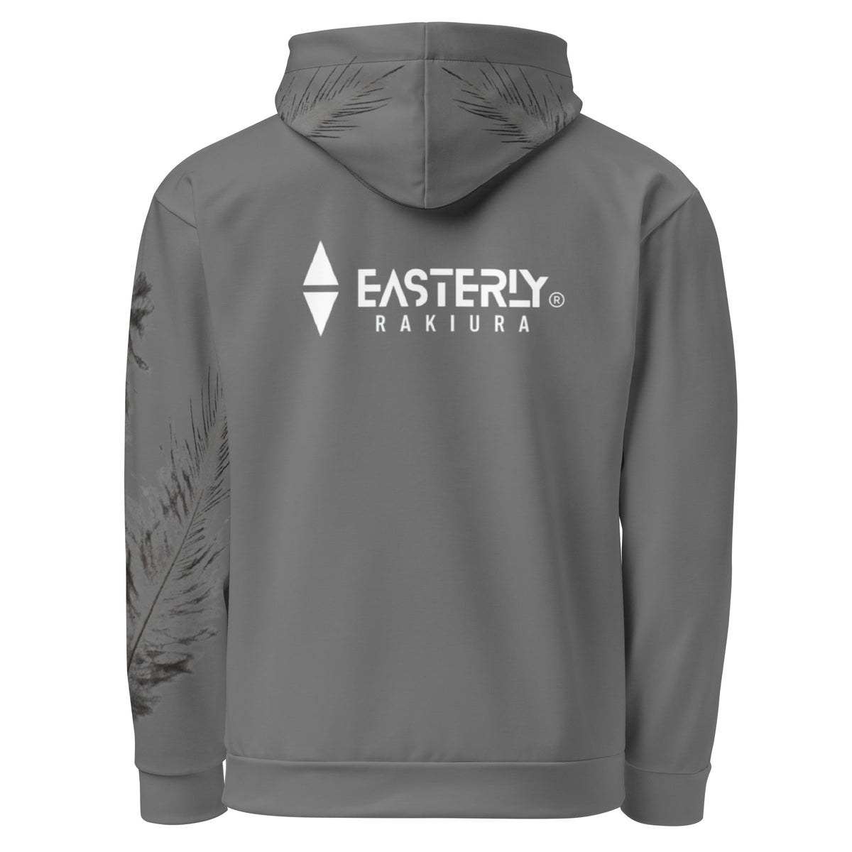 Grey Rise Hoodie with white EASTERLY RAKIURA logo across the upper back and subtle tokoeka feather artwork on the hood and left sleeve.