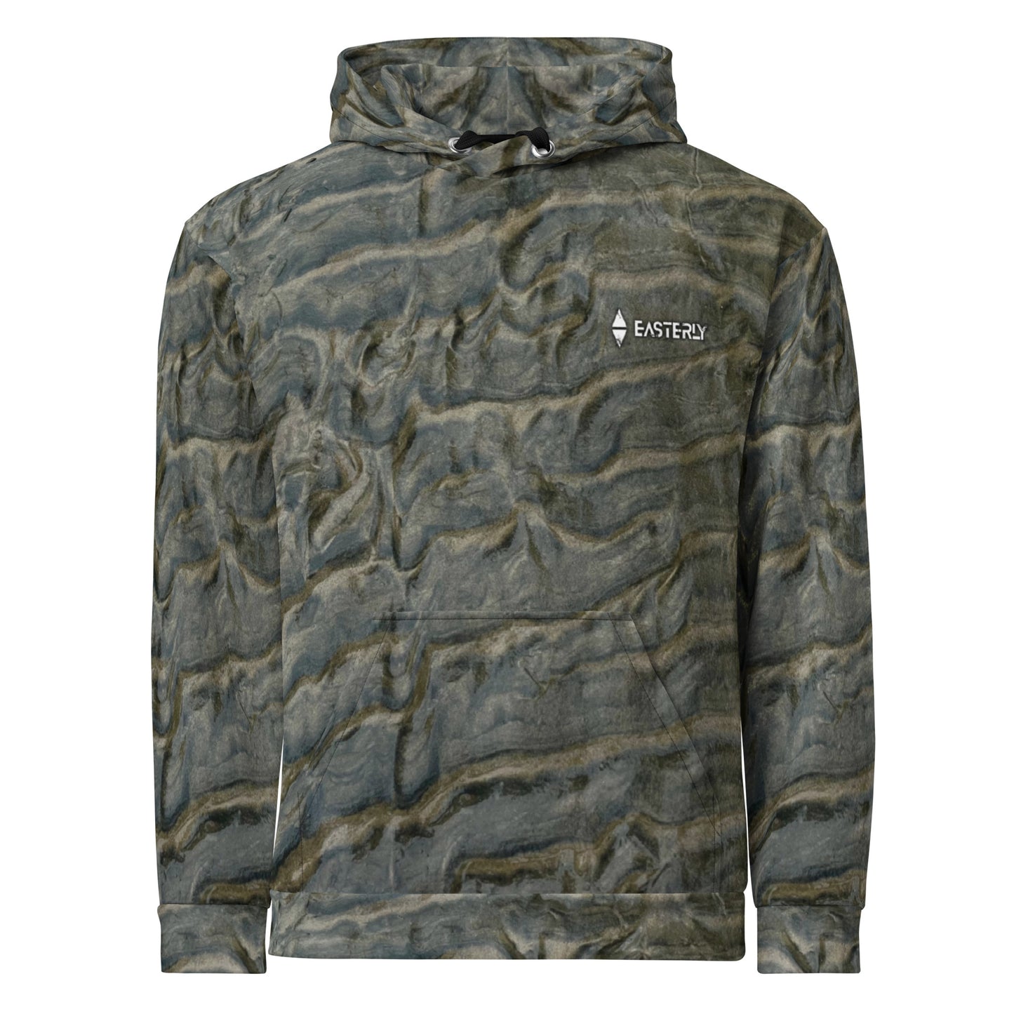 EASTERLY Low Tide AOP recycled unisex hoodie — all over print of tidal sand patterns shaped by ocean, wind and sun, Rakiura New Zealand