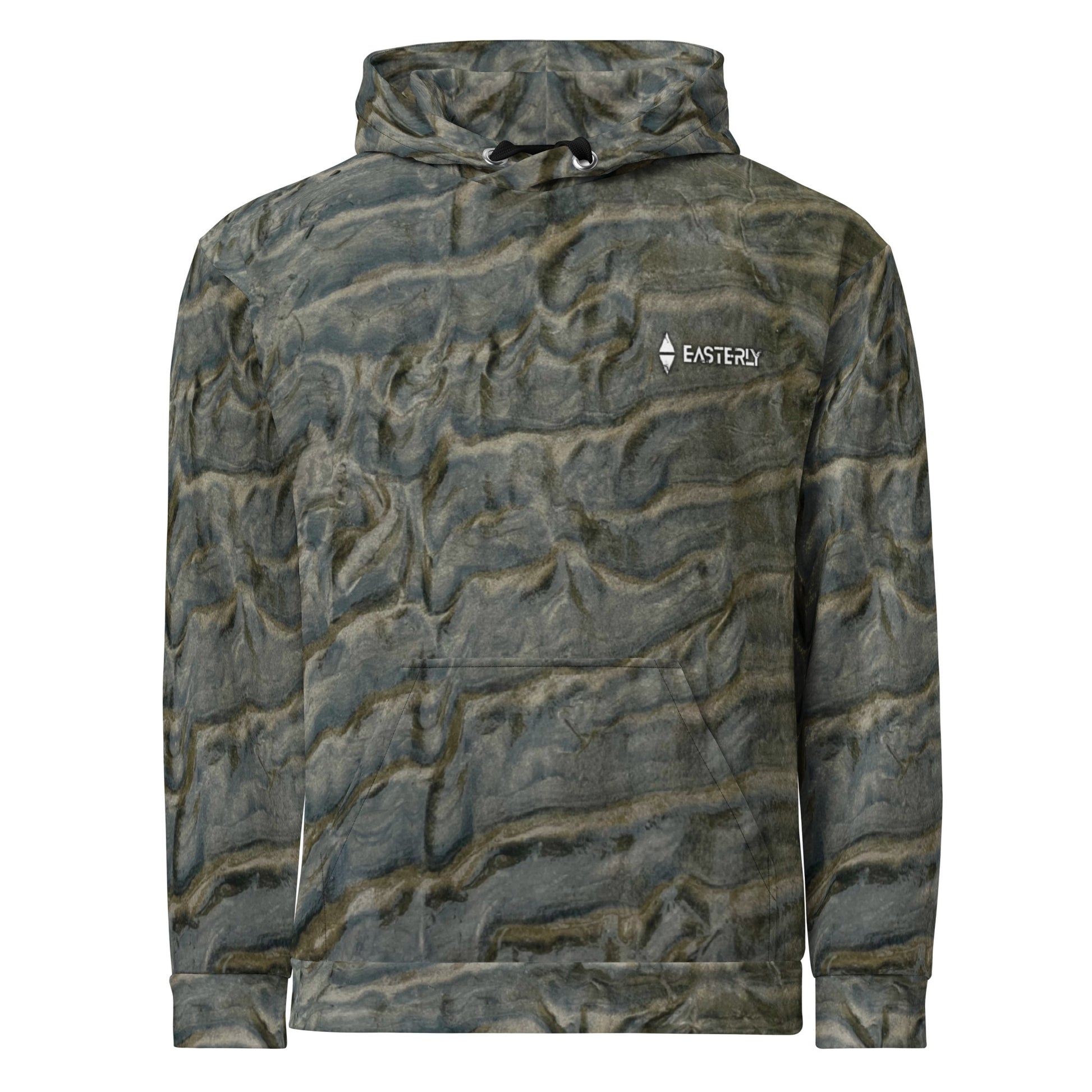 EASTERLY Low Tide AOP recycled unisex hoodie — all over print of tidal sand patterns shaped by ocean, wind and sun, Rakiura New Zealand