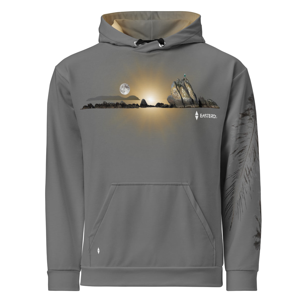 Grey Rise Hoodie with moon and sunrise over Thompson’s Rock, EASTERLY chest logo, kangaroo pocket and tokoeka feather print on the left sleeve.