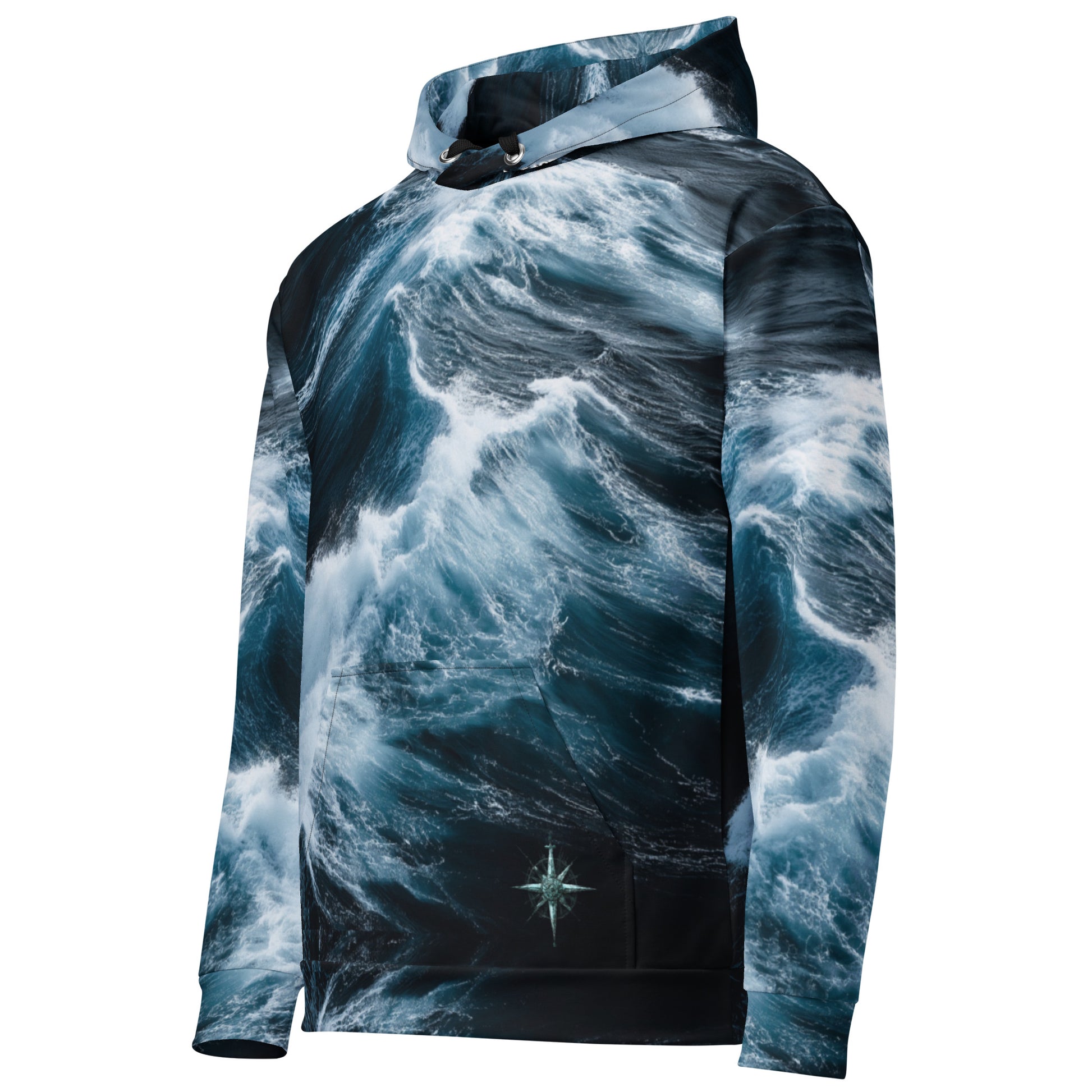 Roaring Forties Recycled Unisex Hoodie. EASTERLY compass rose print on Southern Ocean waves. EASTERLY, Rakiura. Stewart Island.