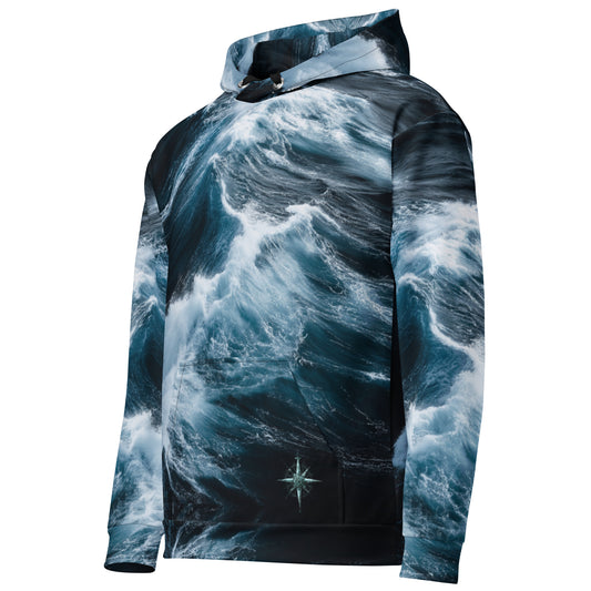Roaring Forties Recycled Unisex Hoodie. EASTERLY compass rose print on Southern Ocean waves. EASTERLY, Rakiura. Stewart Island.