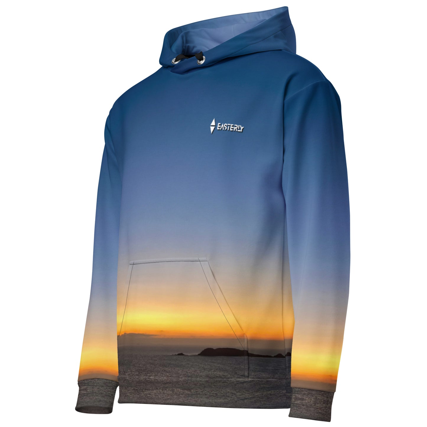 EASTERLY Bunkers AOP Hoodie back view — full wrap Rakiura sunrise print from hood to hem, all over print recycled unisex hoodie made to order. Stewart Island, New Zealand