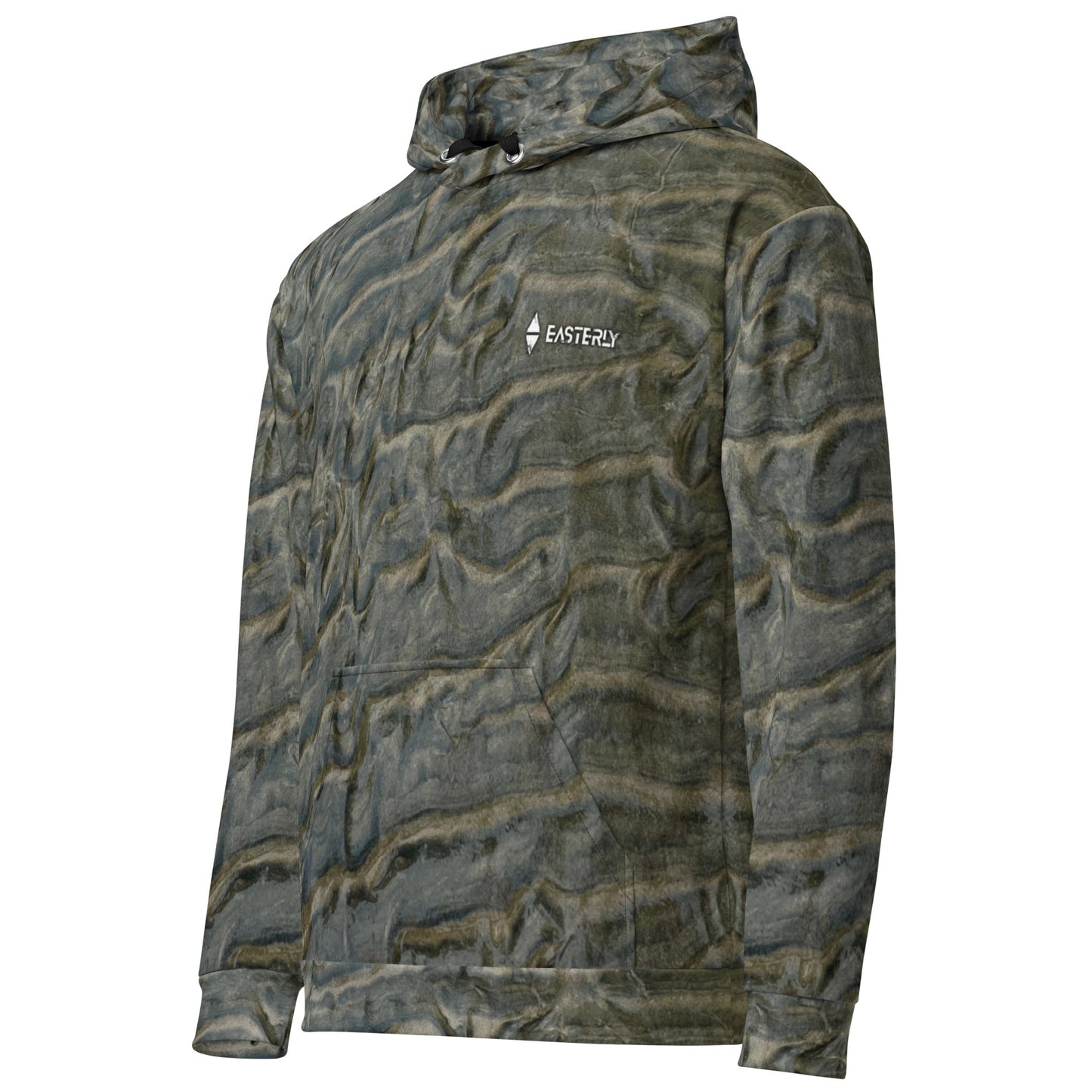 EASTERLY Low Tide AOP recycled unisex hoodie — all over print of tidal sand patterns shaped by ocean, wind and sun, Rakiura New Zealand