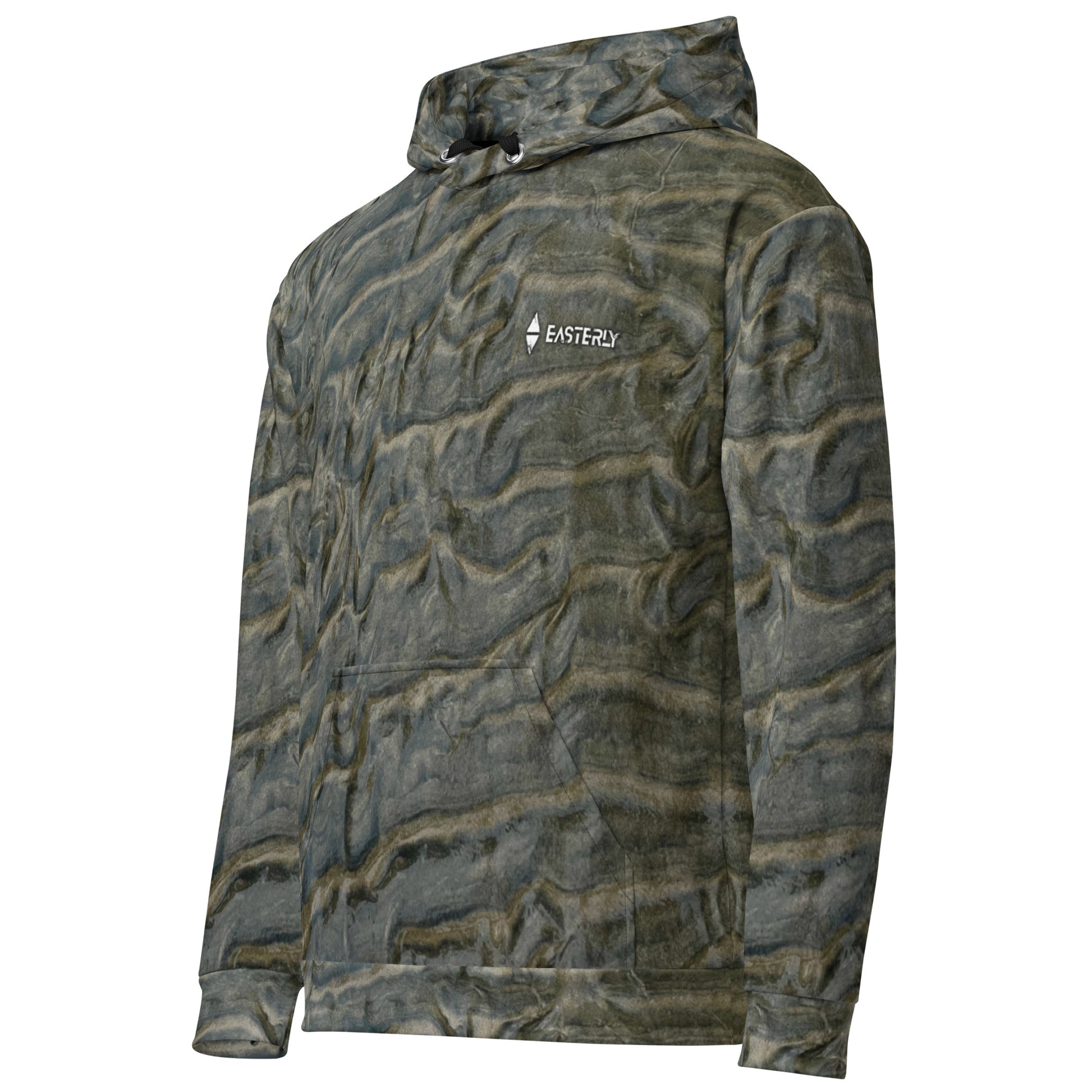 EASTERLY Low Tide AOP recycled unisex hoodie — all over print of tidal sand patterns shaped by ocean, wind and sun, Rakiura New Zealand