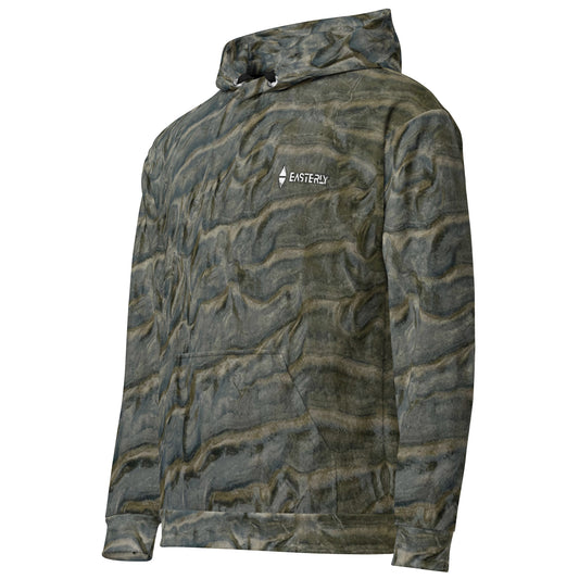 EASTERLY Low Tide AOP recycled unisex hoodie — all over print of tidal sand patterns shaped by ocean, wind and sun, Rakiura New Zealand