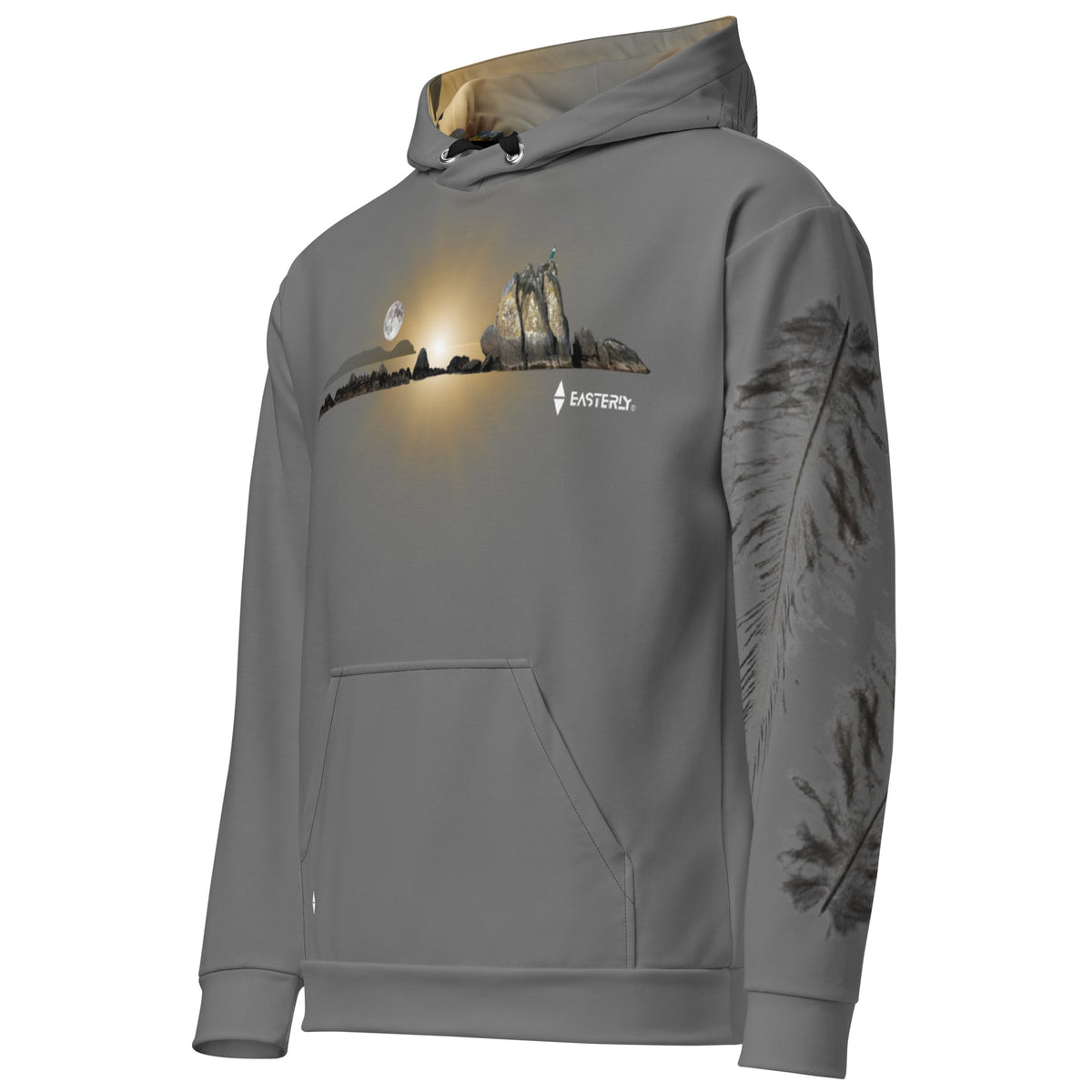 Grey EASTERLY Rise Hoodie with golden Thompson’s Rock sunrise artwork across the chest and tokoeka feather artwork down the left sleeve.