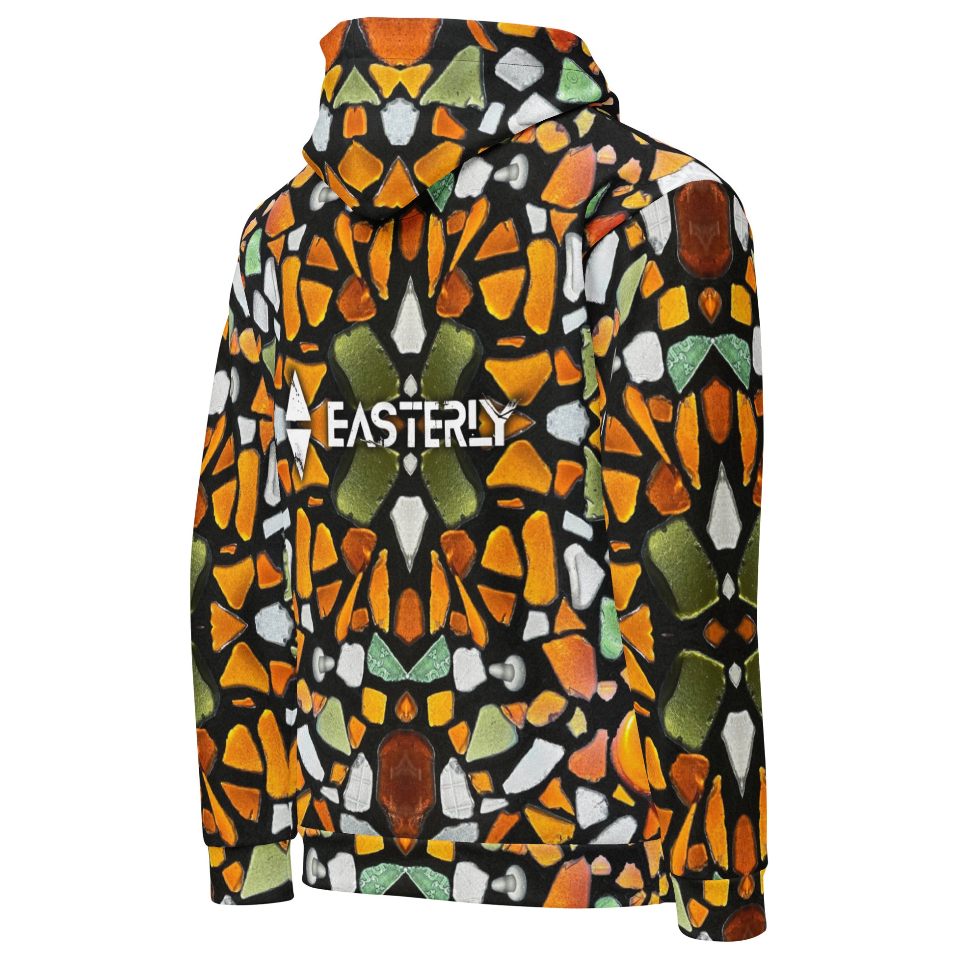 Sea Glass Hood — EASTERLY. All-over print recycled unisex hoodie, right back view. Sage, seafoam and aqua sea glass design rooted in Rakiura, New Zealand.
Art work provided by Rakiura Art Gallery.