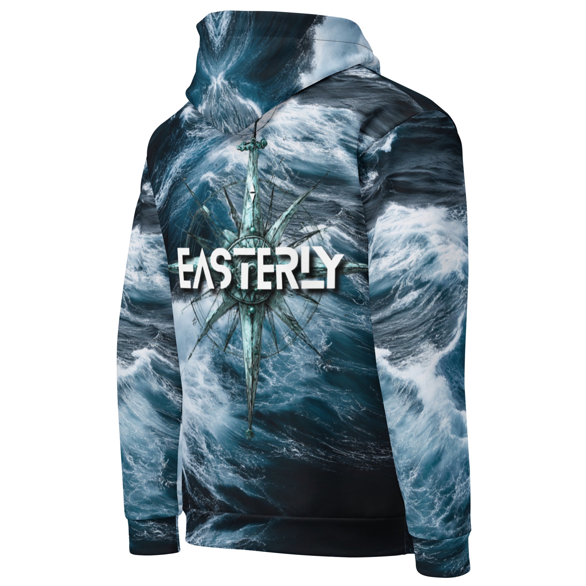 Roaring Forties Recycled Unisex Hoodie. EASTERLY compass rose print on Southern Ocean waves. EASTERLY, Rakiura. Stewart Island.