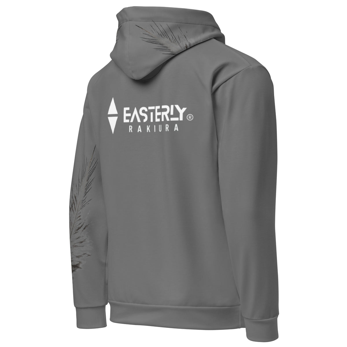 Grey Rise Hoodie showing the white EASTERLY RAKIURA back logo, tokoeka feather detailing on the hood and a plain right sleeve.