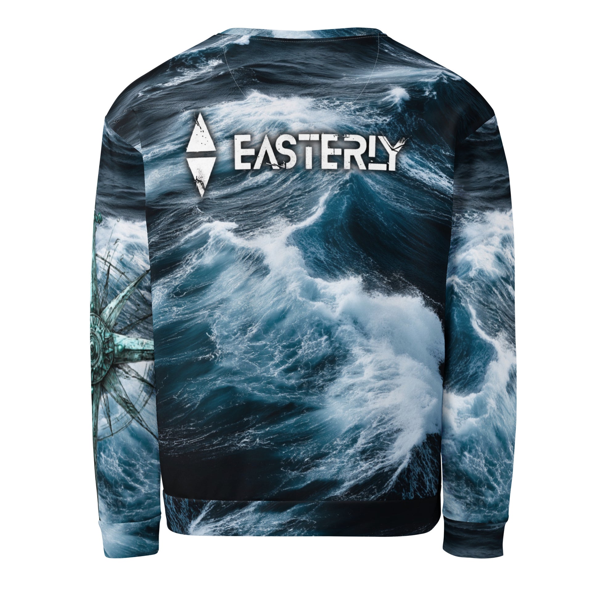 Roaring Forties AOP recycled sweatshirt — back view. Full southern ocean wave print, large EASTERLY wordmark and icon across the upper back, compass rose on left sleeve. EASTERLY NZ.