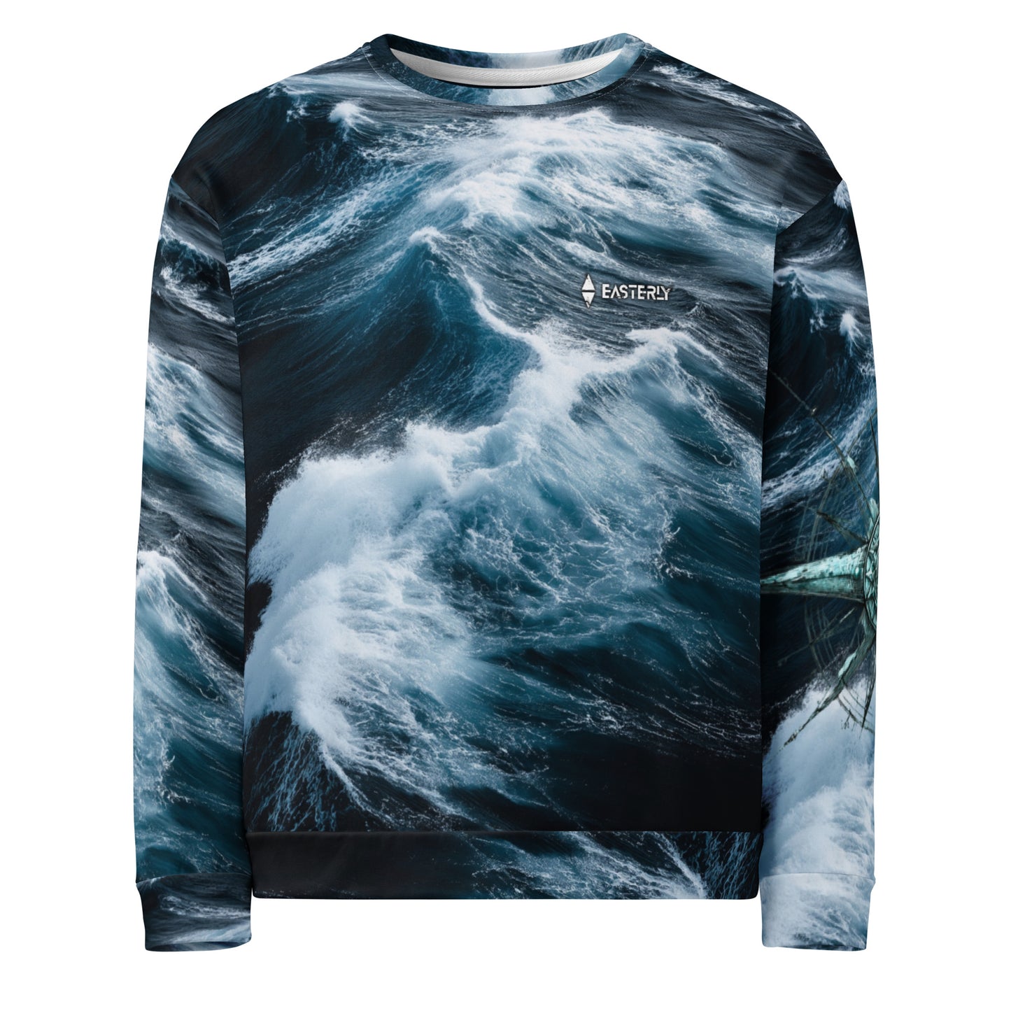 Roaring Forties AOP recycled sweatshirt — front view. Stormy southern ocean waves across the full garment, EASTERLY logo at chest, compass rose detail on right sleeve. EASTERLY NZ.