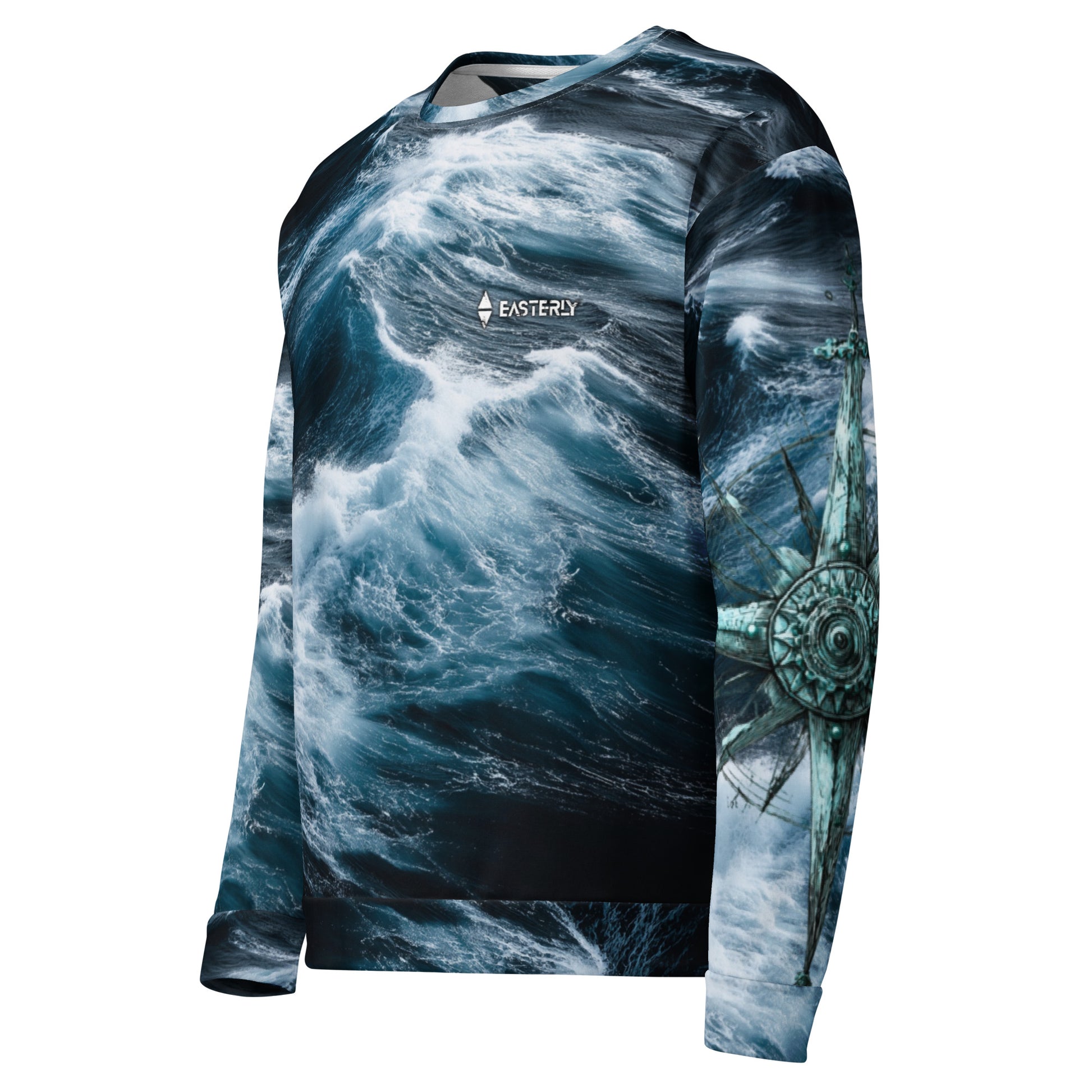 Roaring Forties AOP recycled sweatshirt — front view. Stormy southern ocean waves across the full garment, EASTERLY logo at chest, compass rose detail on right sleeve. EASTERLY NZ.
