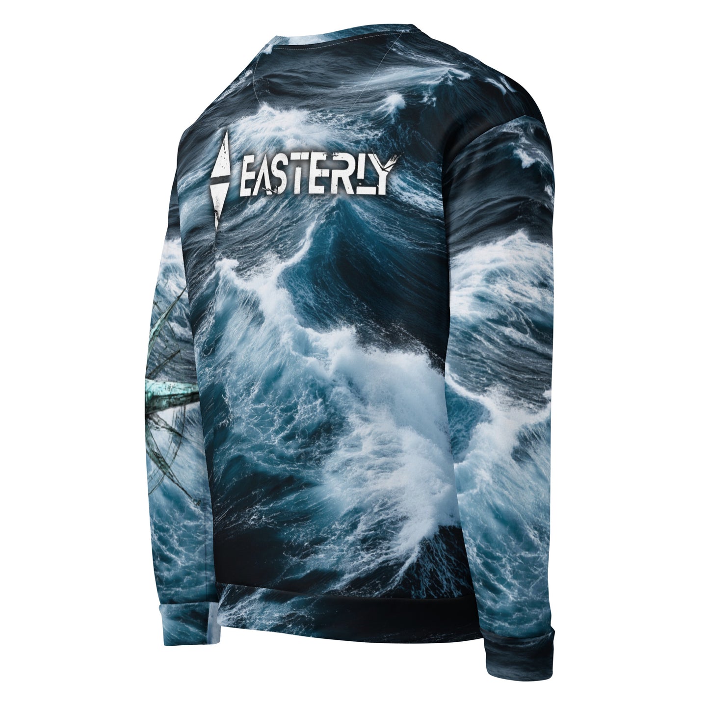Roaring Forties AOP recycled sweatshirt — back view. Full southern ocean wave print, large EASTERLY wordmark and icon across the upper back, compass rose on left sleeve. EASTERLY NZ.