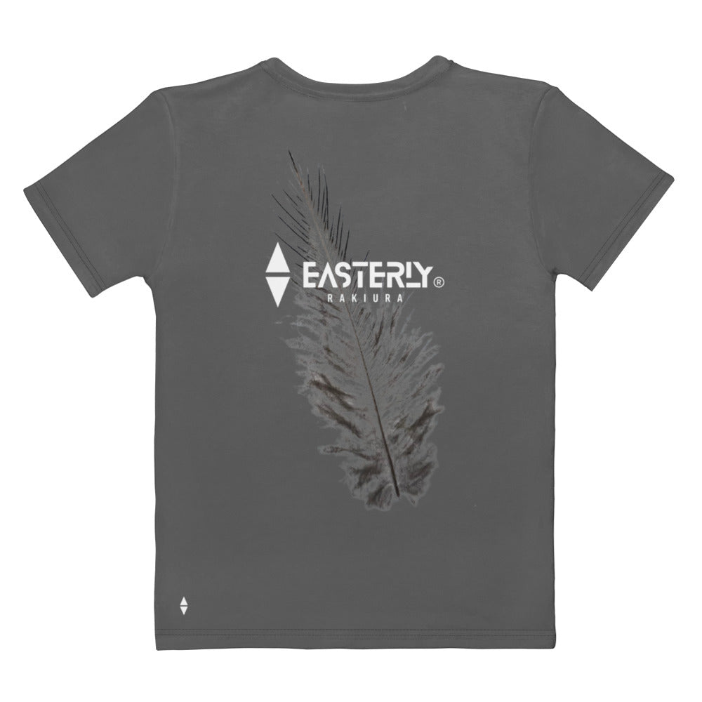 Grey women’s Rise T-shirt with large tokoeka feather artwork down the back and a white EASTERLY RAKIURA logo