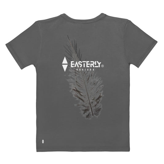 Grey women’s Rise T-shirt with large tokoeka feather artwork down the back and a white EASTERLY RAKIURA logo