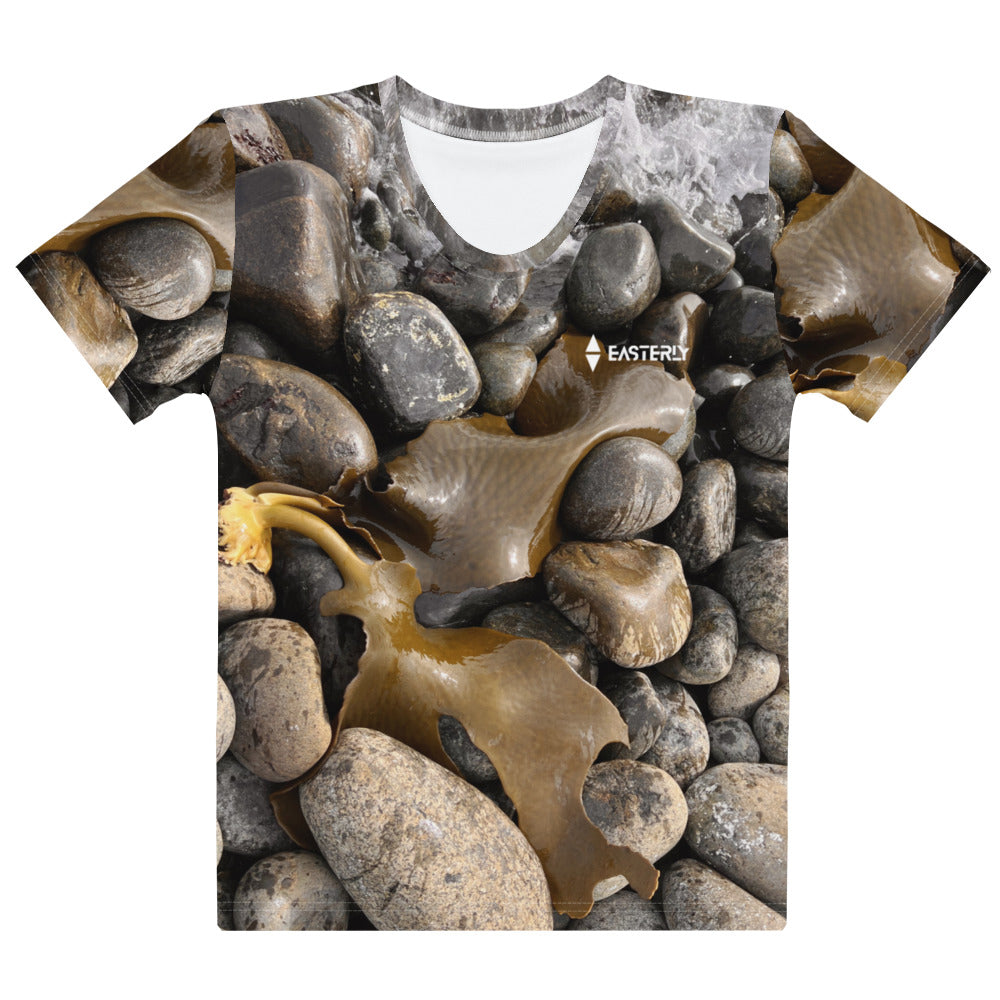 EASTERLY Boulder Beach Women's Cotton Crew Neck T-Shirt — all-over print front view. Stewart Island New Zealand.