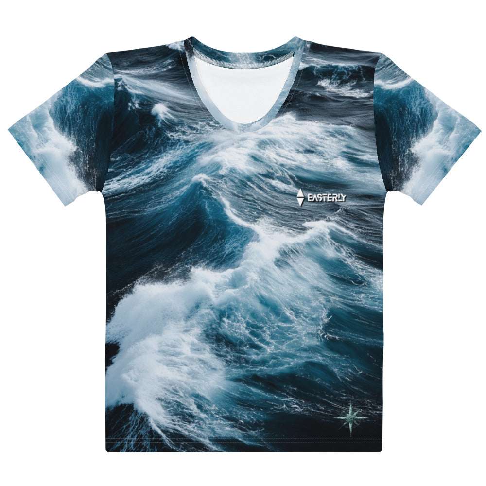 Roaring Forties Women's Cotton Crew Neck — front view. All-over Southern Ocean print. EASTERLY, Rakiura. New Zealand.