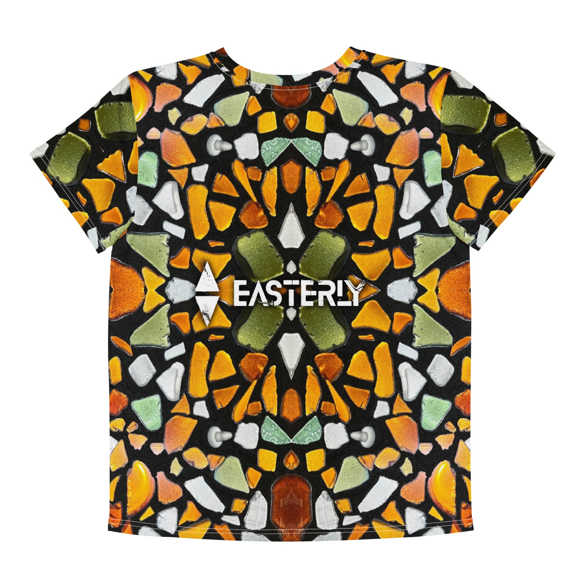Sea Glass Youth Cotton Crew Neck Tee — EASTERLY. All-over print kids' t-shirt, back view. Amber, gold, olive and white sea glass kaleidoscope on black. Artwork by Rakiura Art Gallery, Stewart Island.
