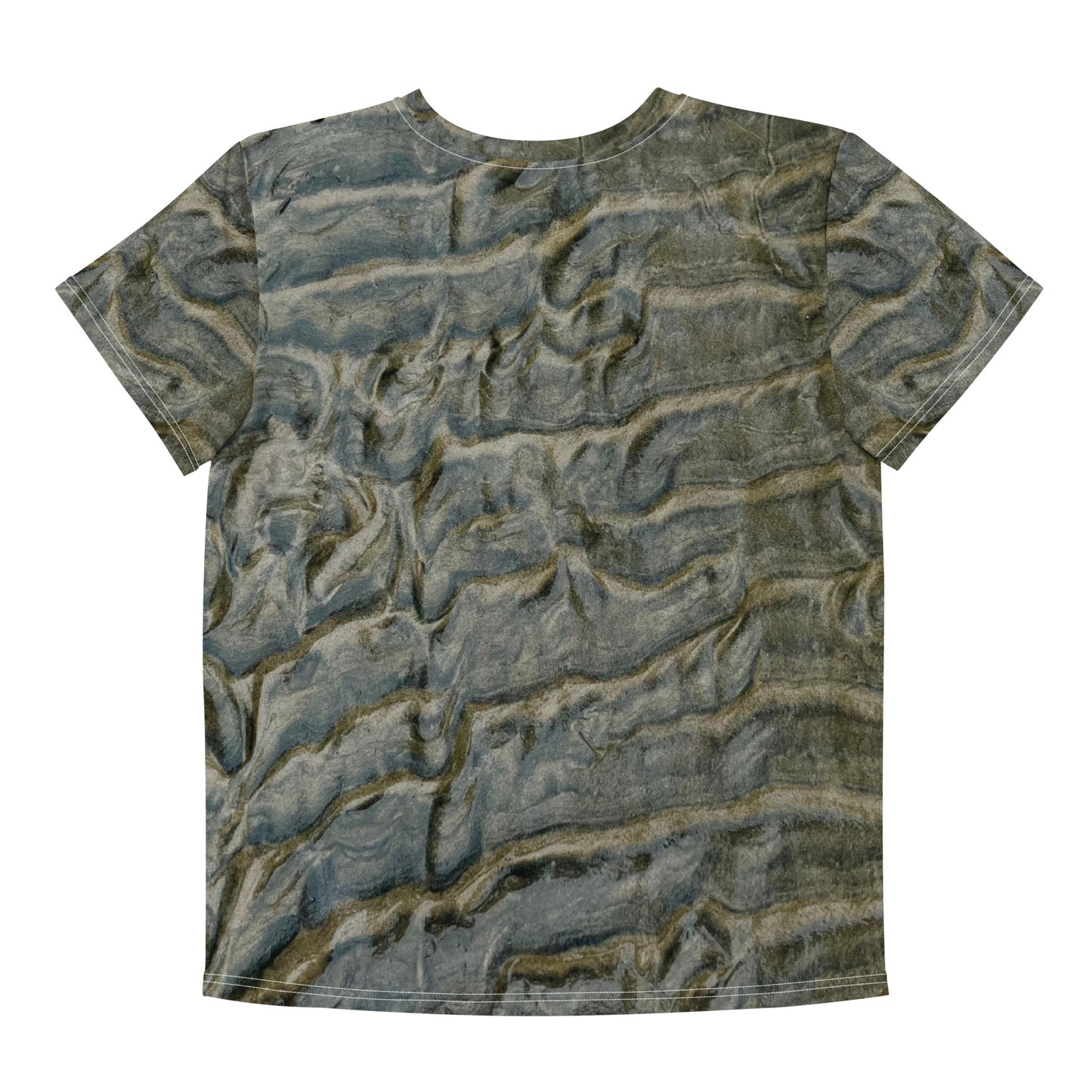 Low Tide — Youth All Over Print Cotton Tee, Back View. All-over photographic print of Rakiura shoreline sand patterns in slate blue and olive. Stewart Island New Zealand | EASTERLY