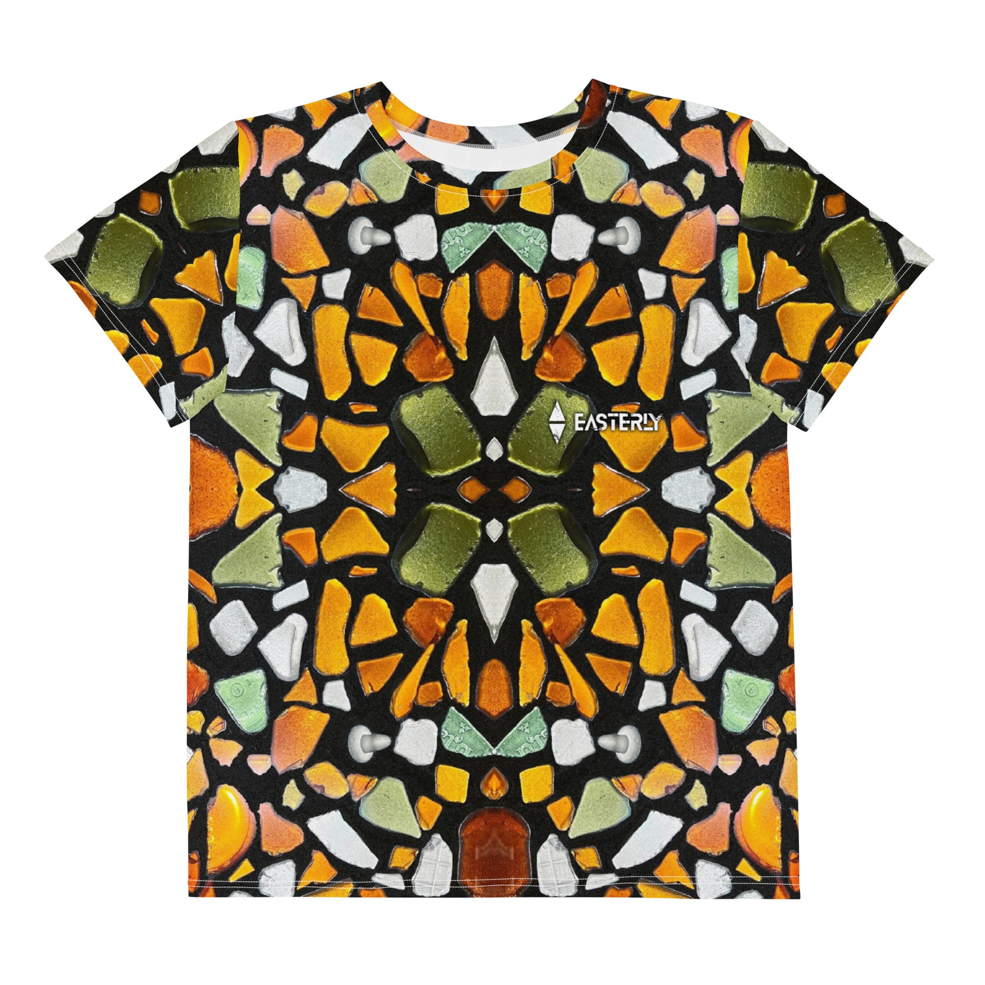 Sea Glass Youth Cotton Crew Neck Tee — EASTERLY. All-over print kids' t-shirt, front view. Warm sea glass tones — amber, gold, olive and white — over black. Artwork by Rakiura Art Gallery, Stewart Island. Made to order.