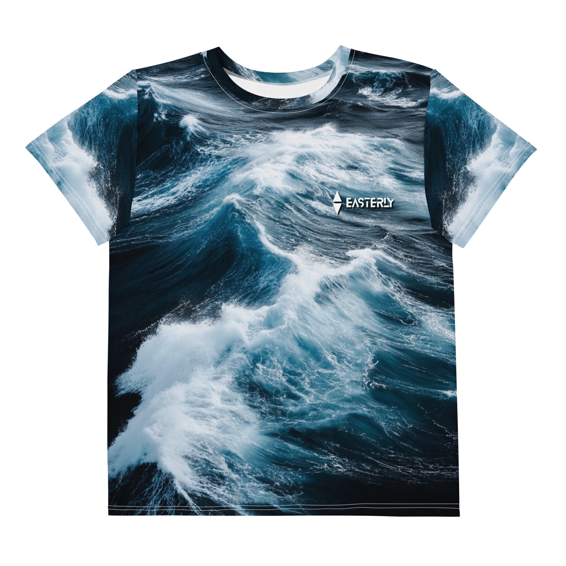 Roaring Forties Youth Cotton Crew Neck — front view. All-over Southern Ocean wave print. EASTERLY, Rakiura.