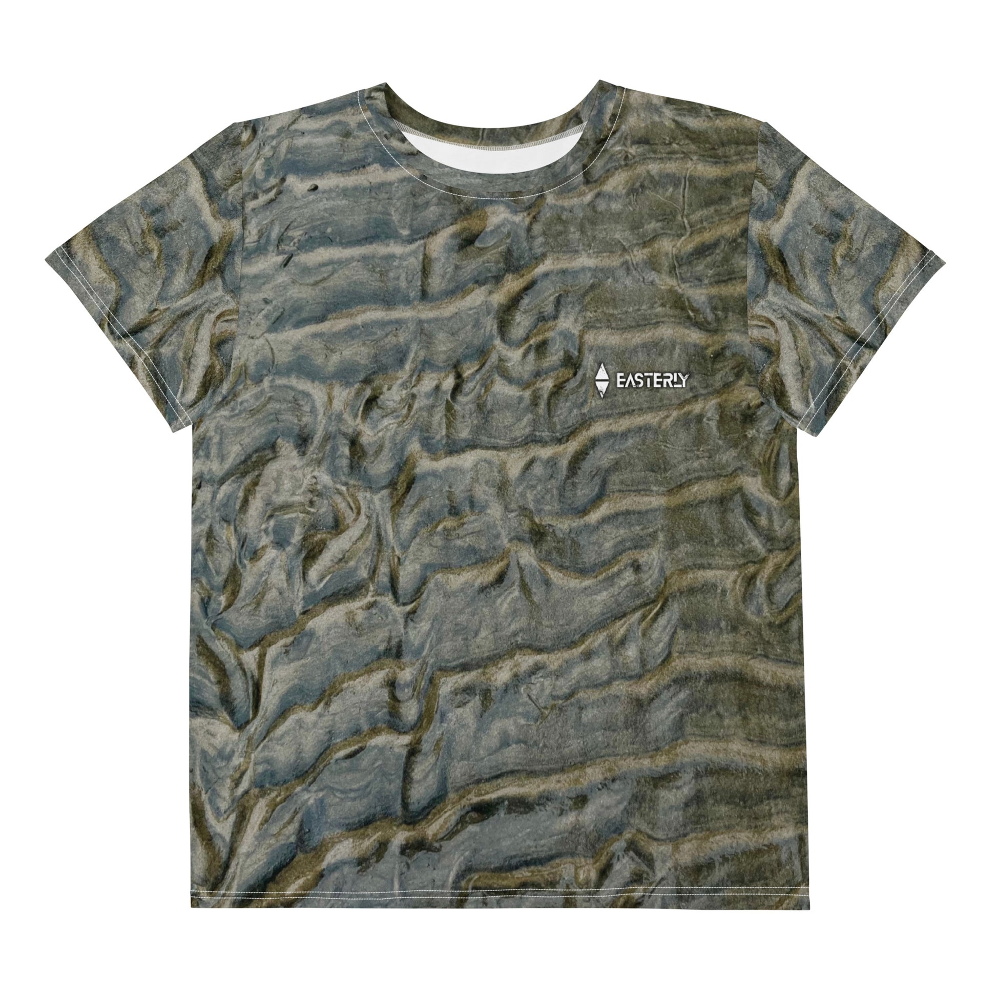 Low Tide — Youth All Over Print Cotton Tee, Front View. All-over photographic print of Rakiura shoreline sand patterns in slate blue and olive. Stewart Island New Zealand | EASTERLY